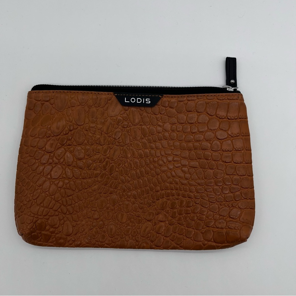 Lodis Tan Crocodile-Embossed Unisex Toiletry Cosmetic Travel Bag Pouch